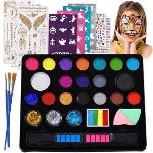 18 Colors Face Painting Kit for Kids - Water Based Pro Washable Kids Face Paint with Brushes, Glitters, Hair Chalks,Tatto Stickers,Sponges,Gems,Stencils for Halloween Party Cosplay