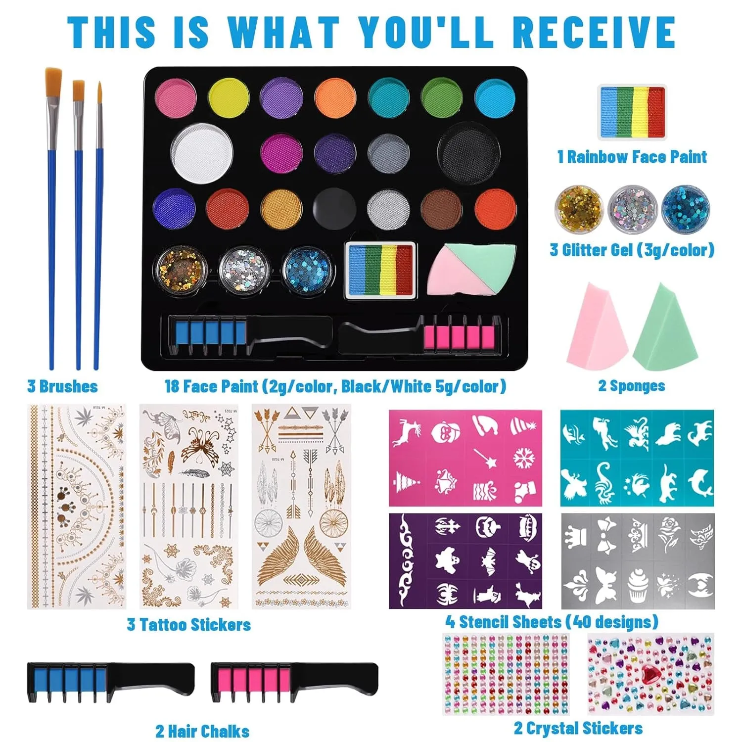 18 Colors Face Painting Kit for Kids - Water Based Pro Washable Kids Face Paint with Brushes, Glitters, Hair Chalks,Tatto Stickers,Sponges,Gems,Stencils for Halloween Party Cosplay