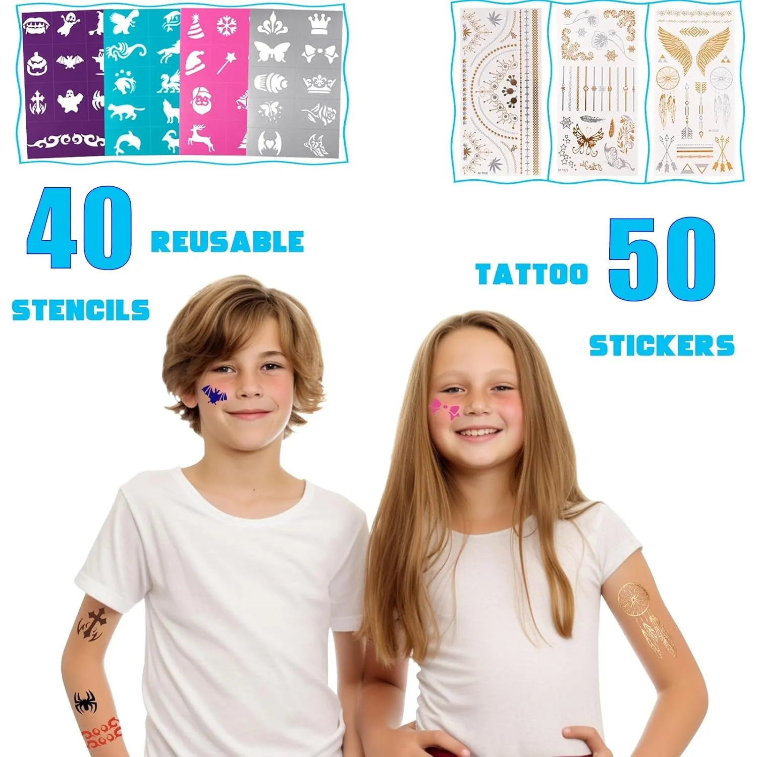 18 Colors Face Painting Kit for Kids - Water Based Pro Washable Kids Face Paint with Brushes, Glitters, Hair Chalks,Tatto Stickers,Sponges,Gems,Stencils for Halloween Party Cosplay