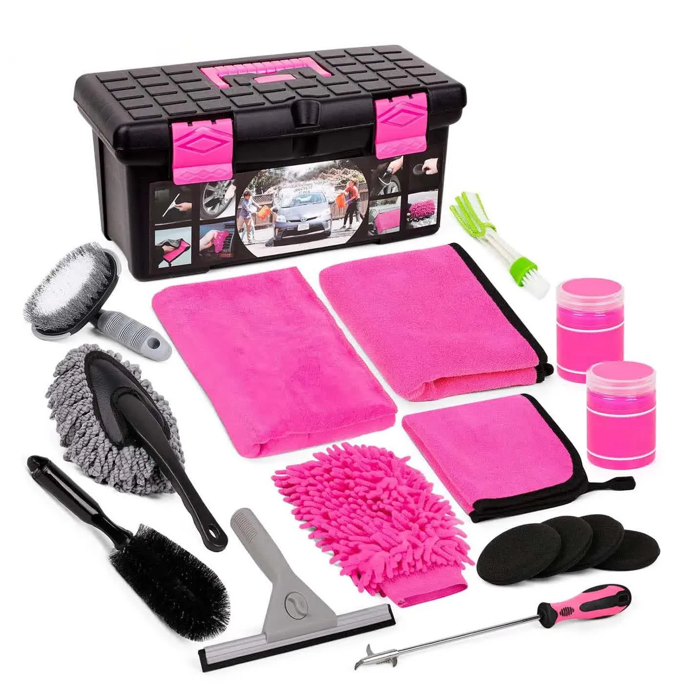 18-Piece Car Cleaning Kit | Pink Auto Detailing Set with Storage Toolbox
