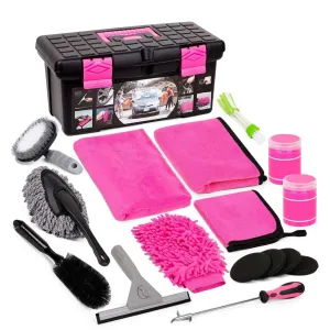 18-Piece Car Cleaning Kit | Pink Auto Detailing Set with Storage Toolbox