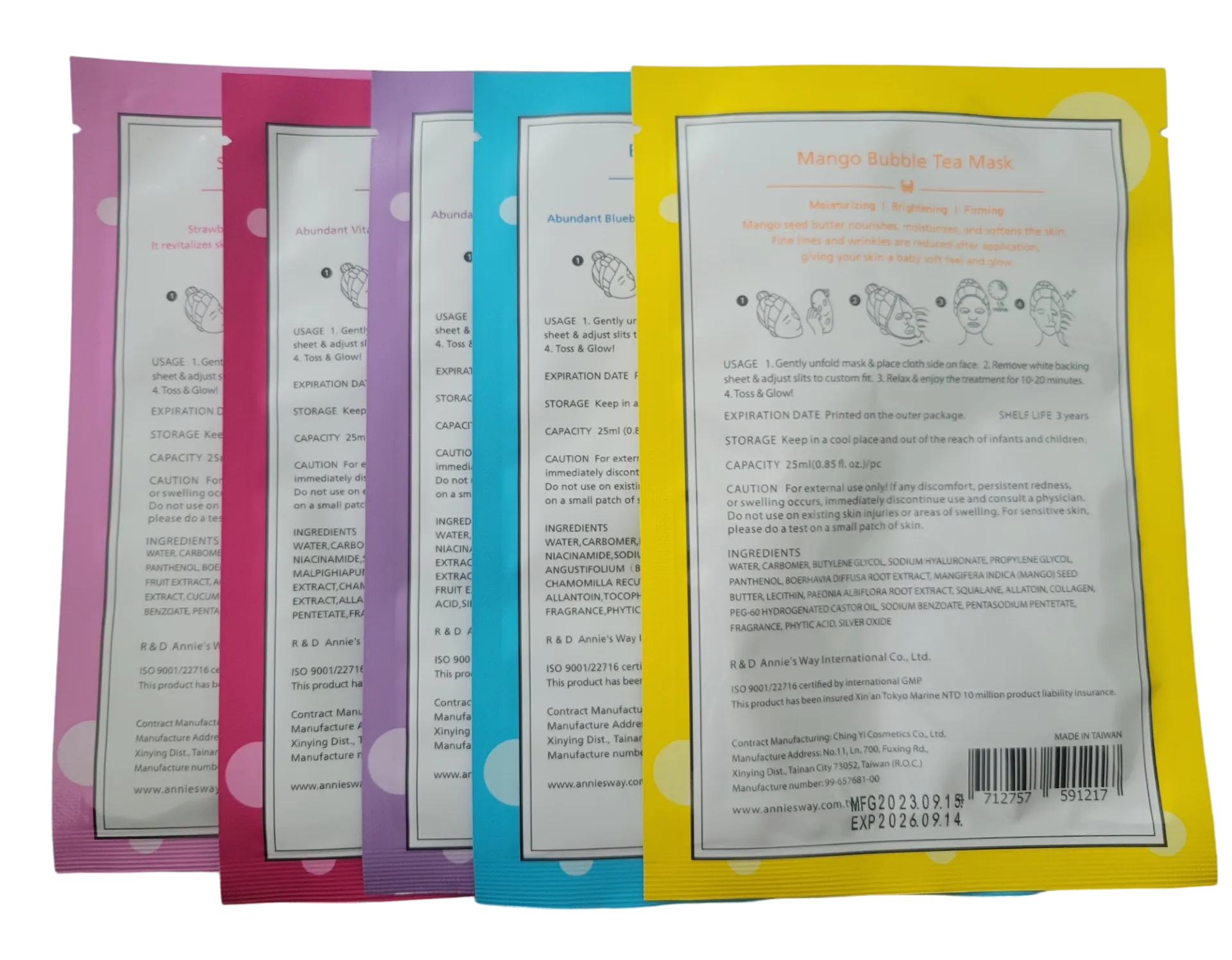 Annie's Way Bubble Tea Fruit Assorted Masks